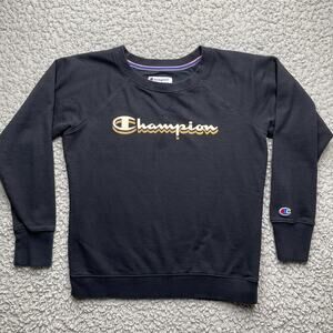 Champion Sweatshirt Womens S Black Powerblend Boyfriend Crew Script Logo Sweater